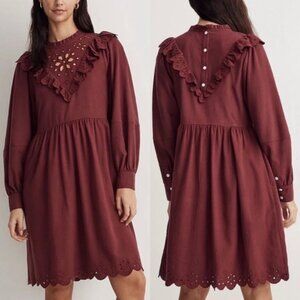 NEW Madewell Embroidered Ruffled Flannel Mini Dress NWT M Vintage Mulberry